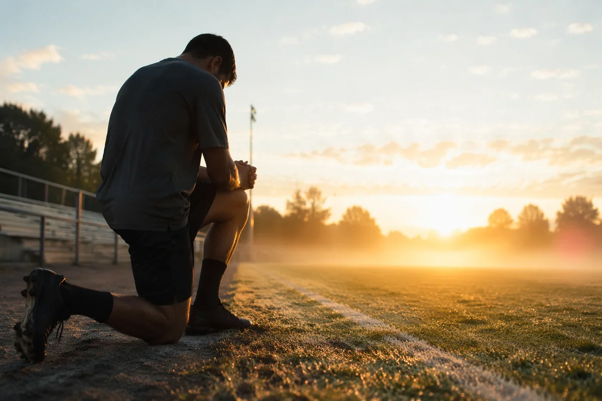Athlete Praying on Field at Sunrise