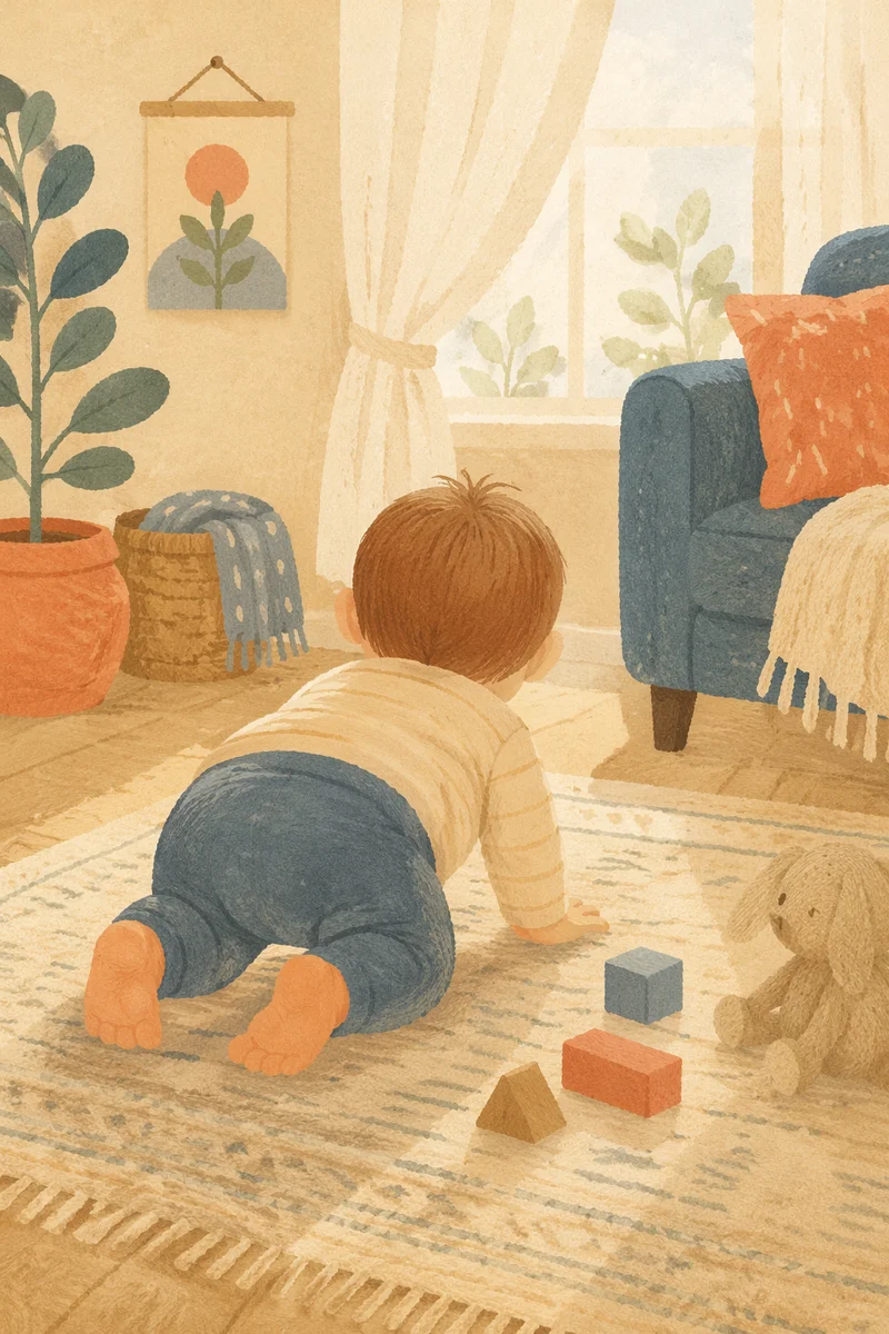 Playful Baby Crawling in Cozy Living Room