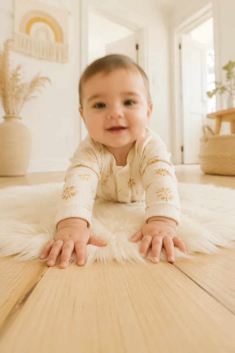 Playful Baby Crawling in Warm Minimalist Home