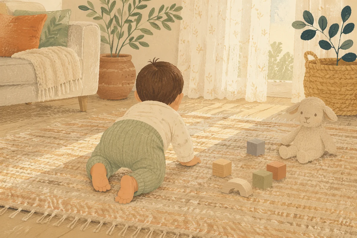 Playful Baby Crawling in Cozy Living Room