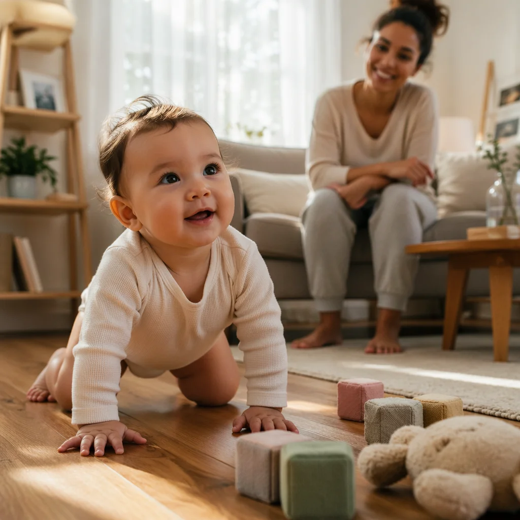 Playful Baby Crawling in Sunlit Living Room
