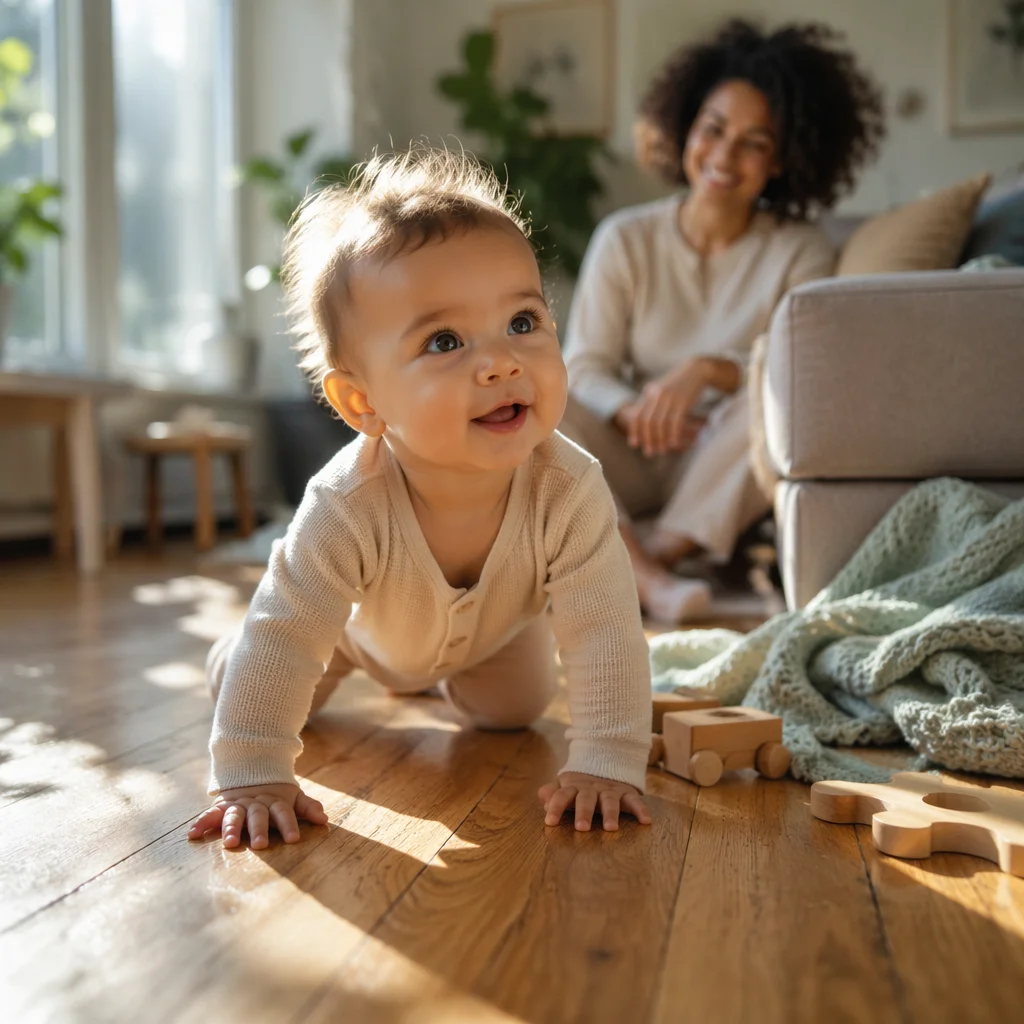 Playful Baby Crawling on Sunlit Floor