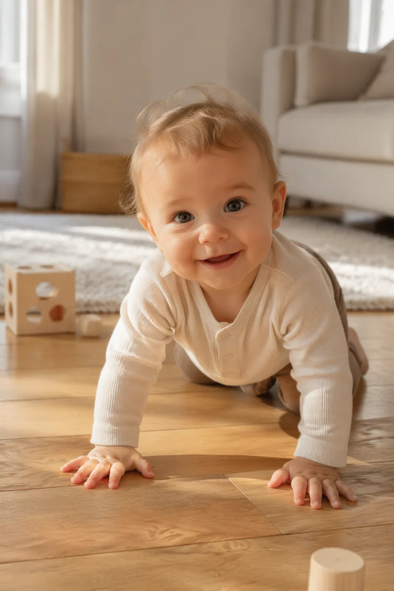 Playful Baby Crawling on Sunlit Floor
