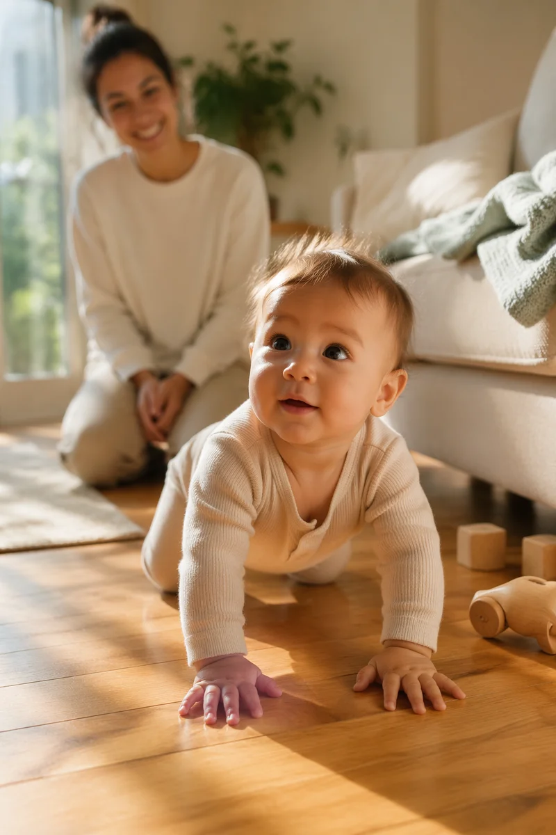 Playful Baby Crawling on Sunlit Floor