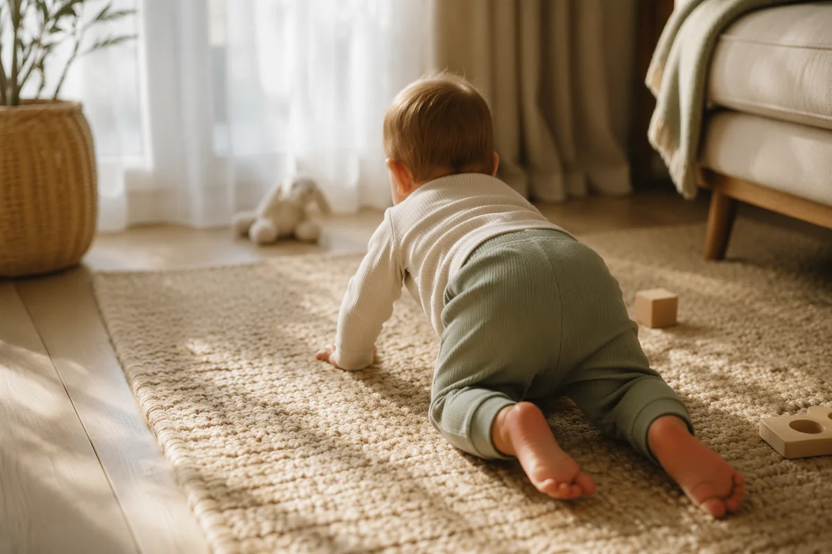 Playful Baby Crawling in Cozy Living Room