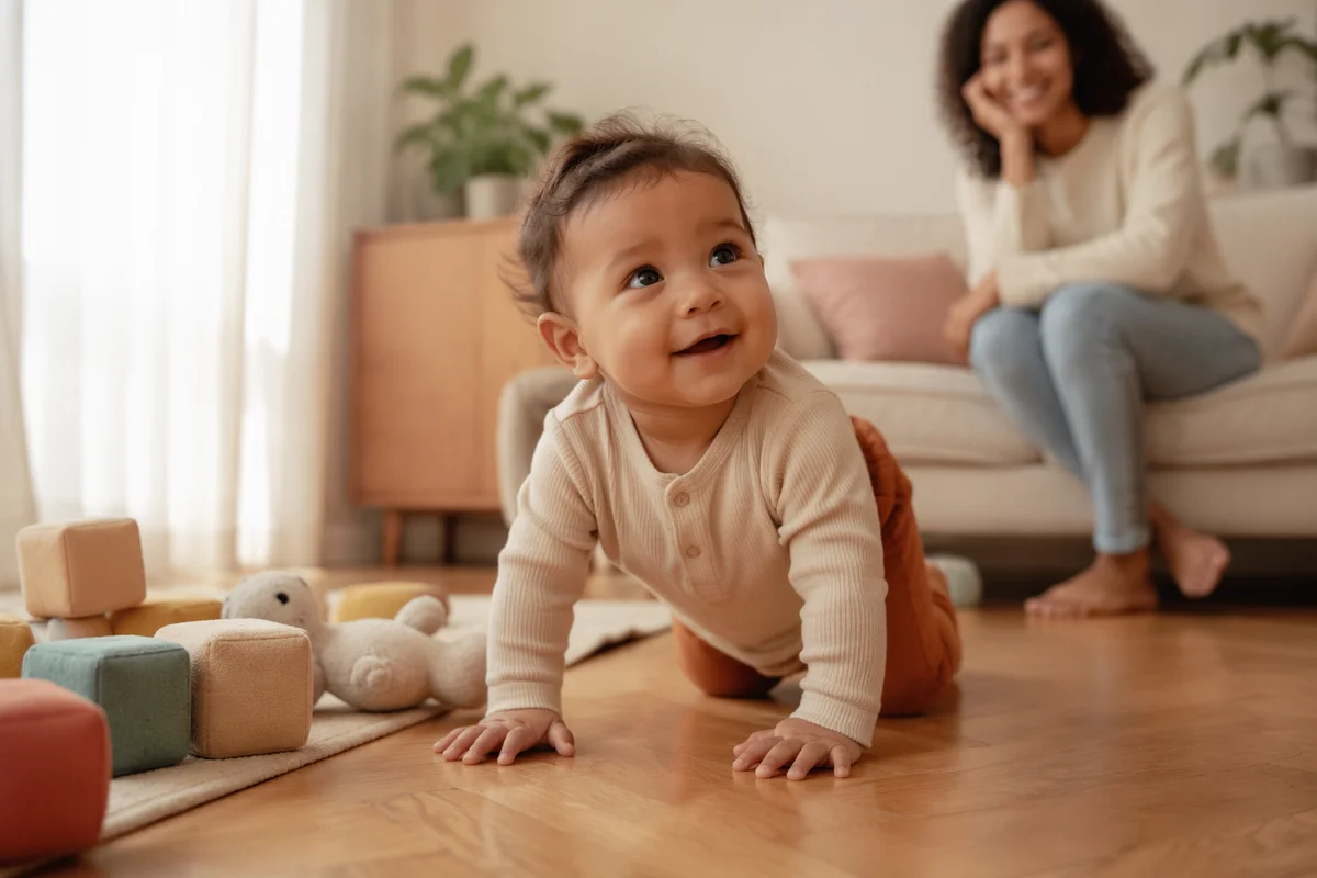 Playful Baby Crawling in Sunny Living Room