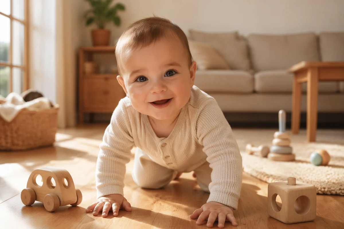 Playful Baby Crawling on Sunlit Floor