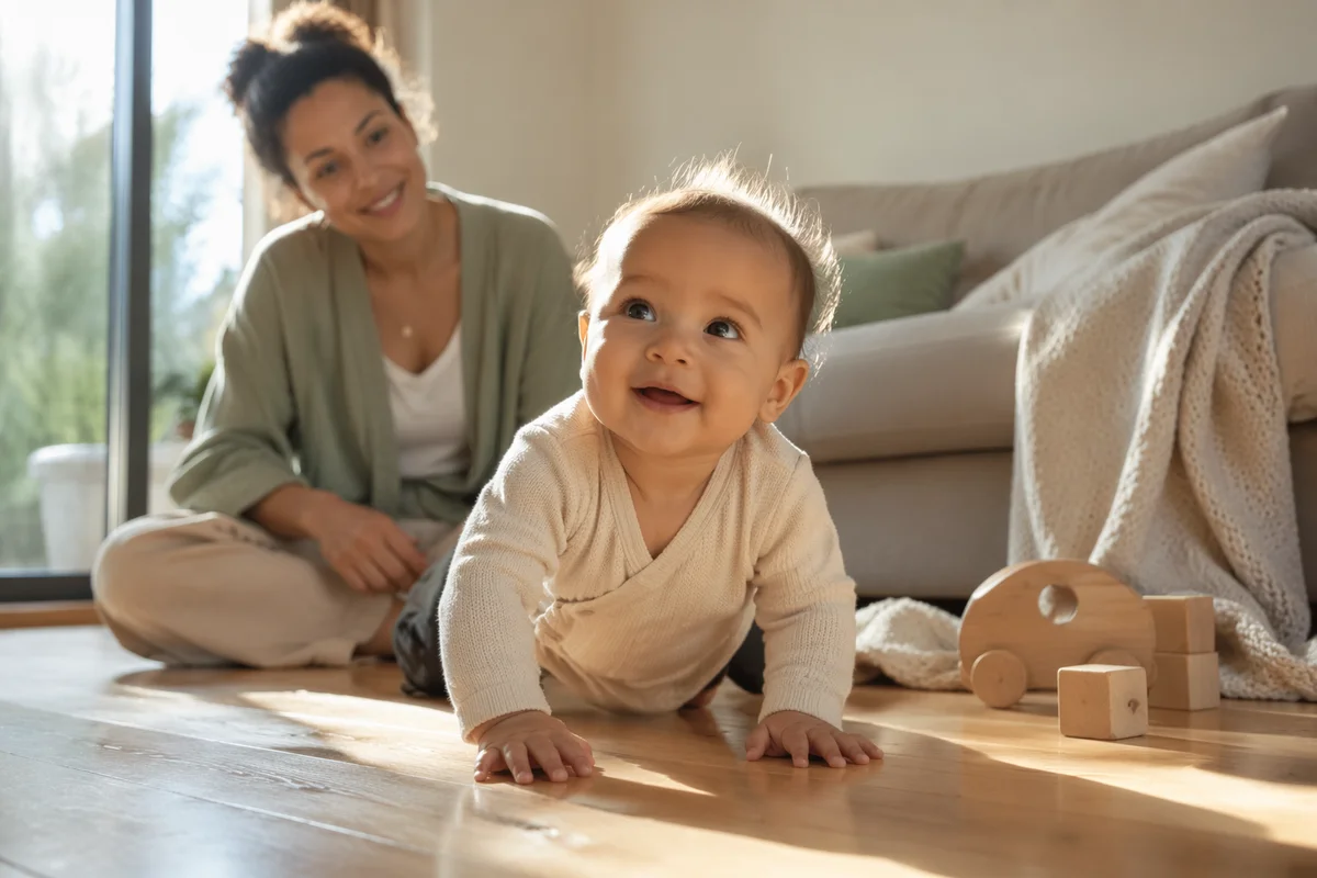 Playful Baby Crawling on Sunlit Floor