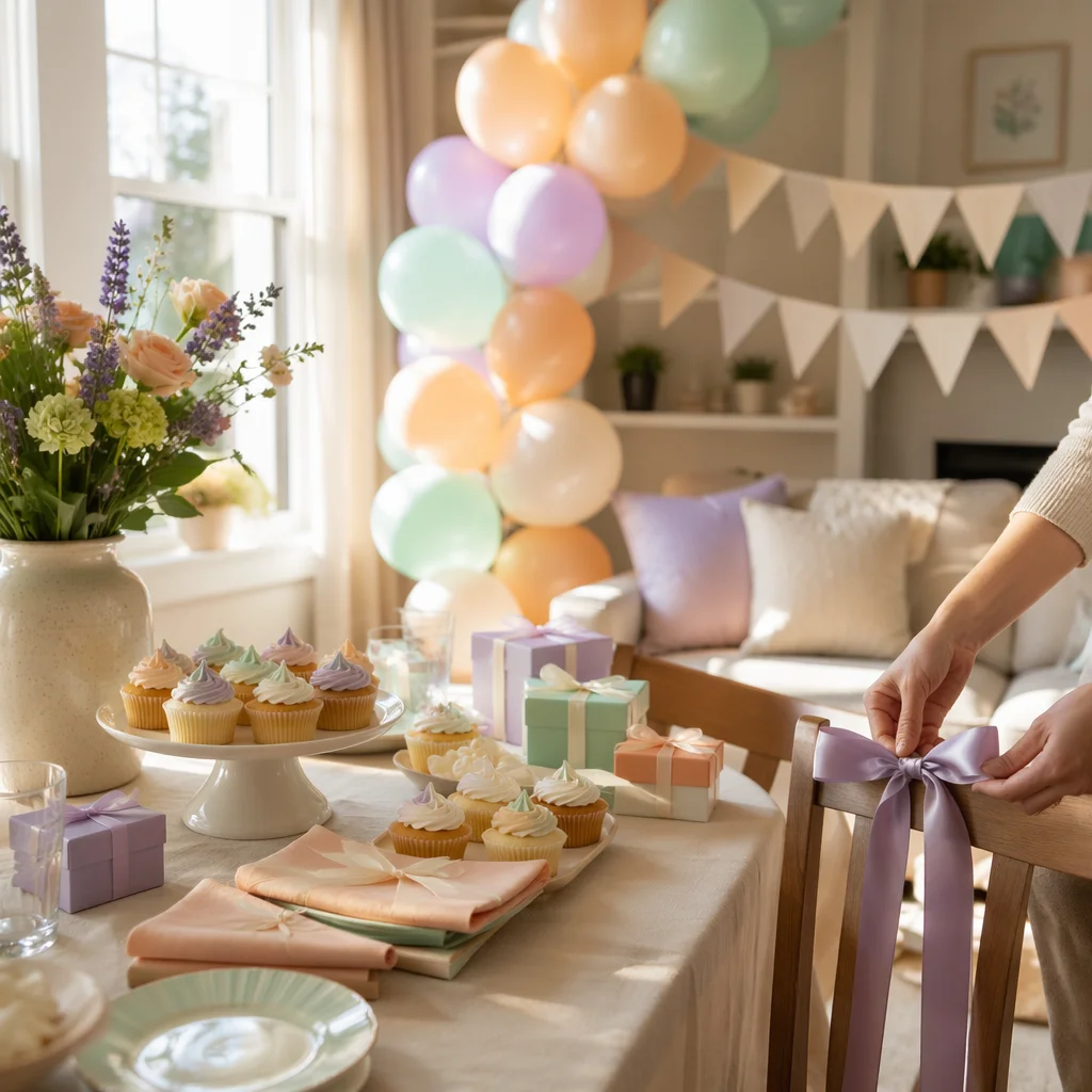 Pastel Baby Shower Setup in Sunlit Living Room