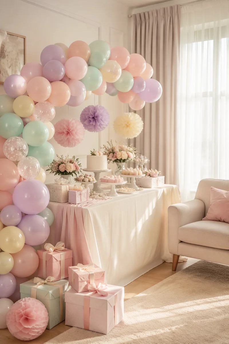 Pastel Baby Shower Decor in Living Room