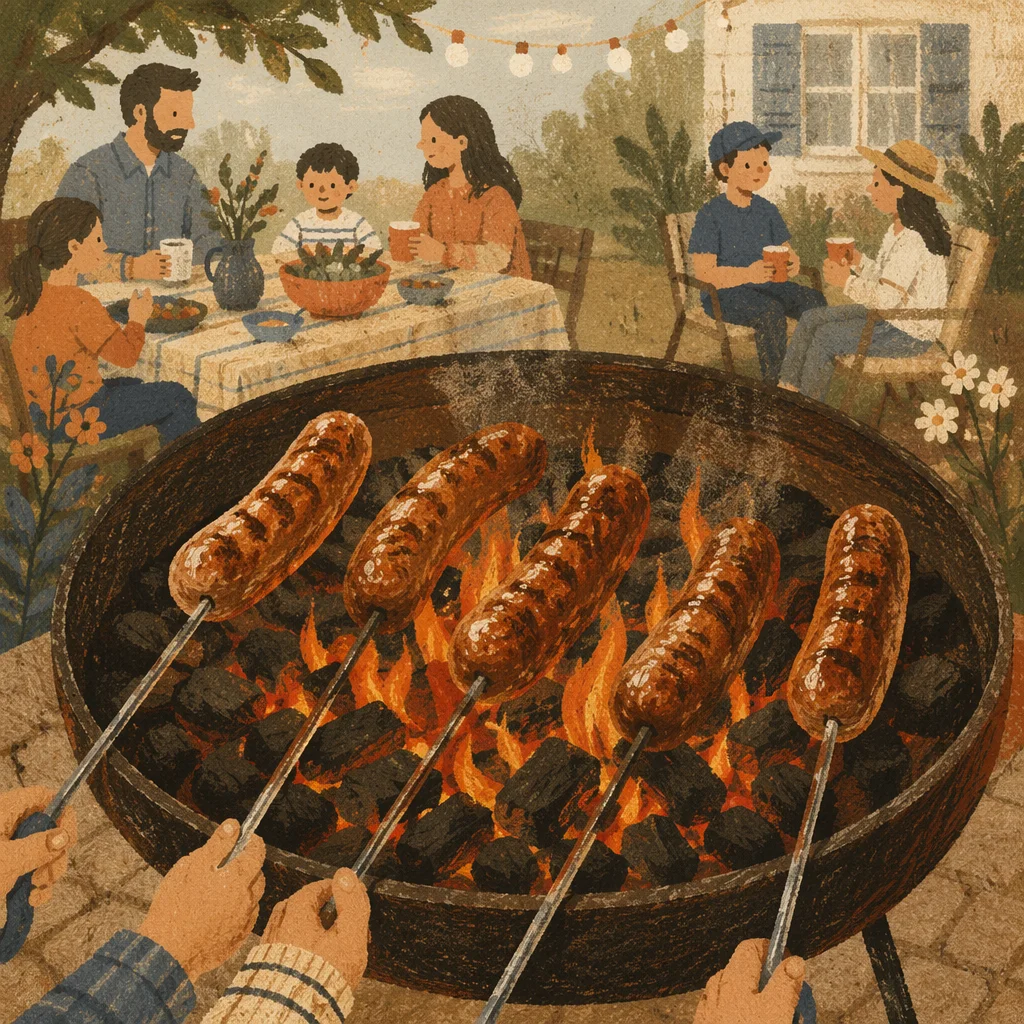 Family Barbecue Sausages Over Fire Pit