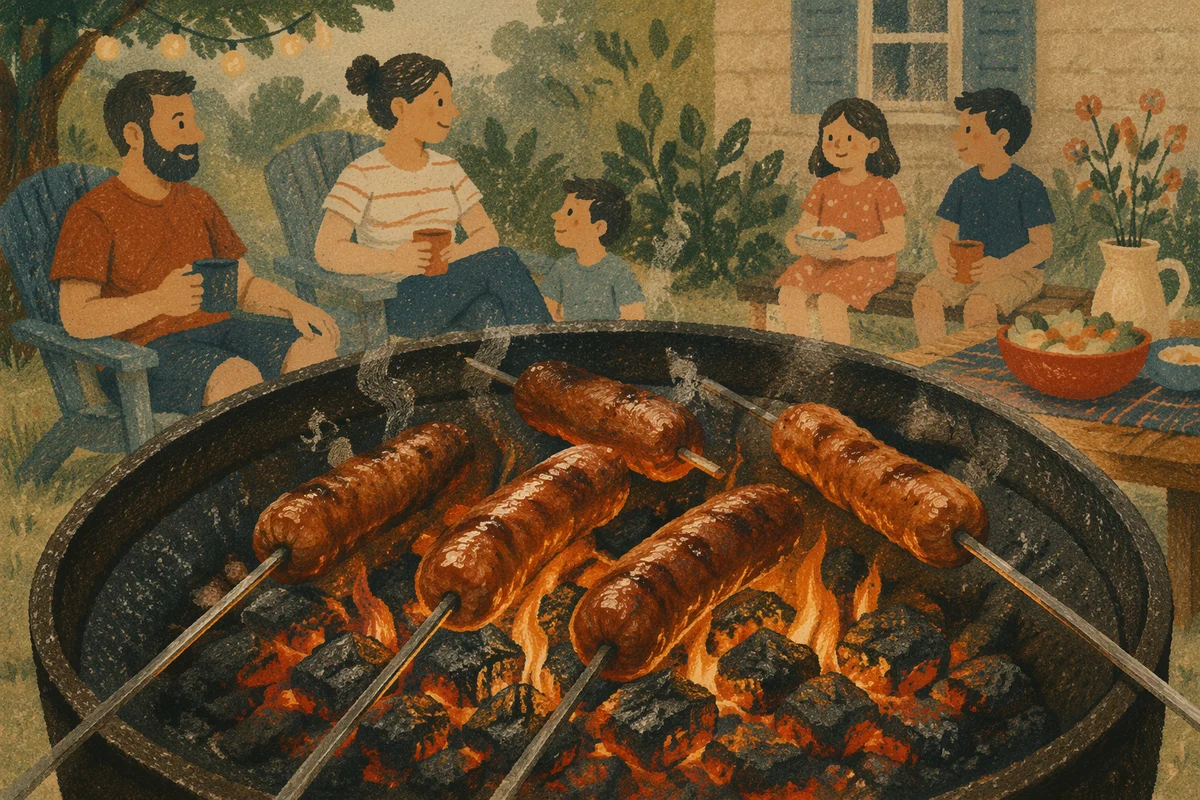 Family Barbecue Sausages Over Backyard Fire Pit