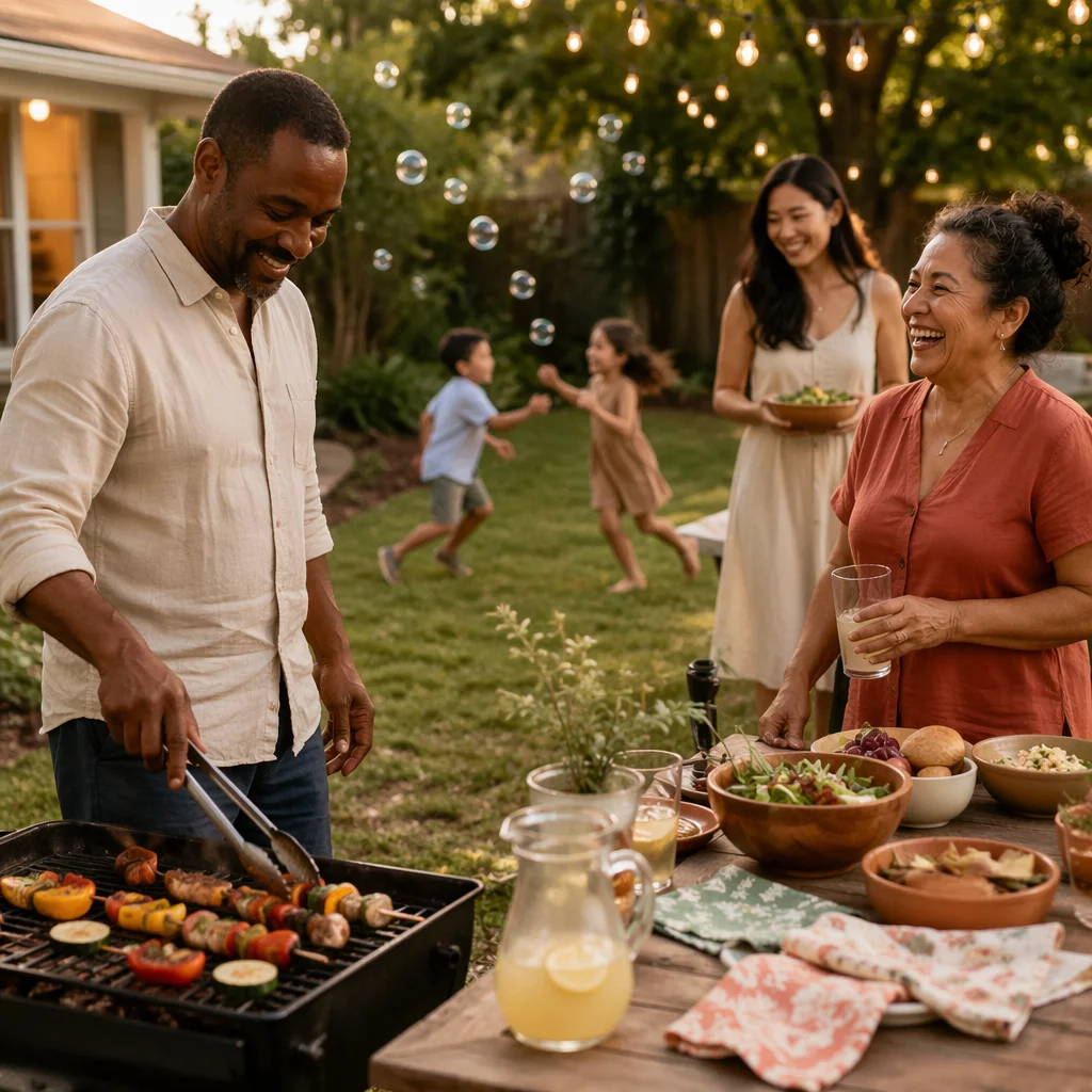Family Barbecue Gathering in Summer Backyard