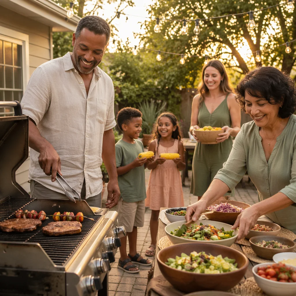 Family Backyard Barbecue at Golden Hour