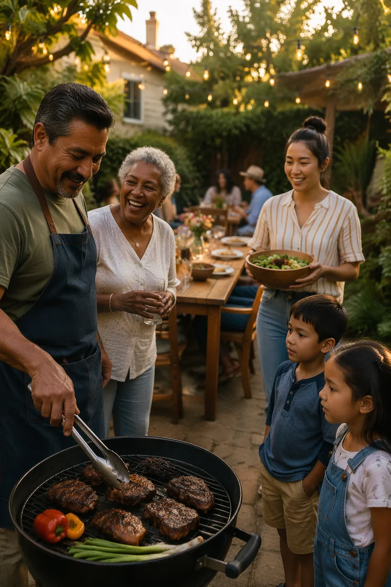 Multigenerational Family Backyard Barbecue at Sunset