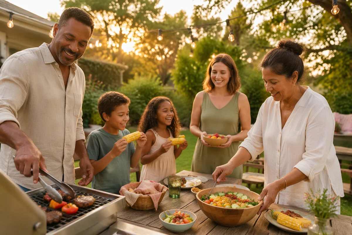 Family Backyard Barbecue at Golden Hour