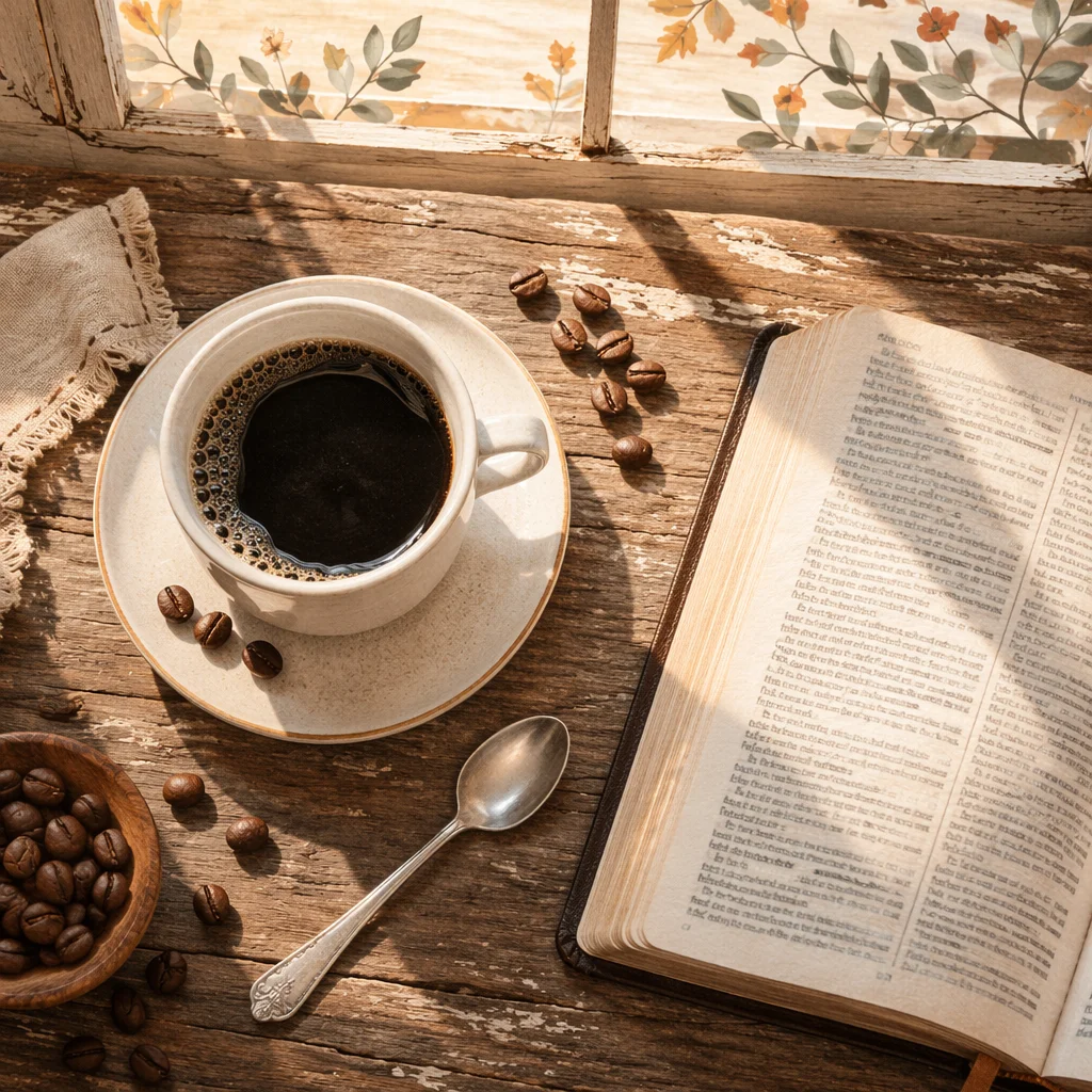 Coffee Cup and Open Bible by Window
