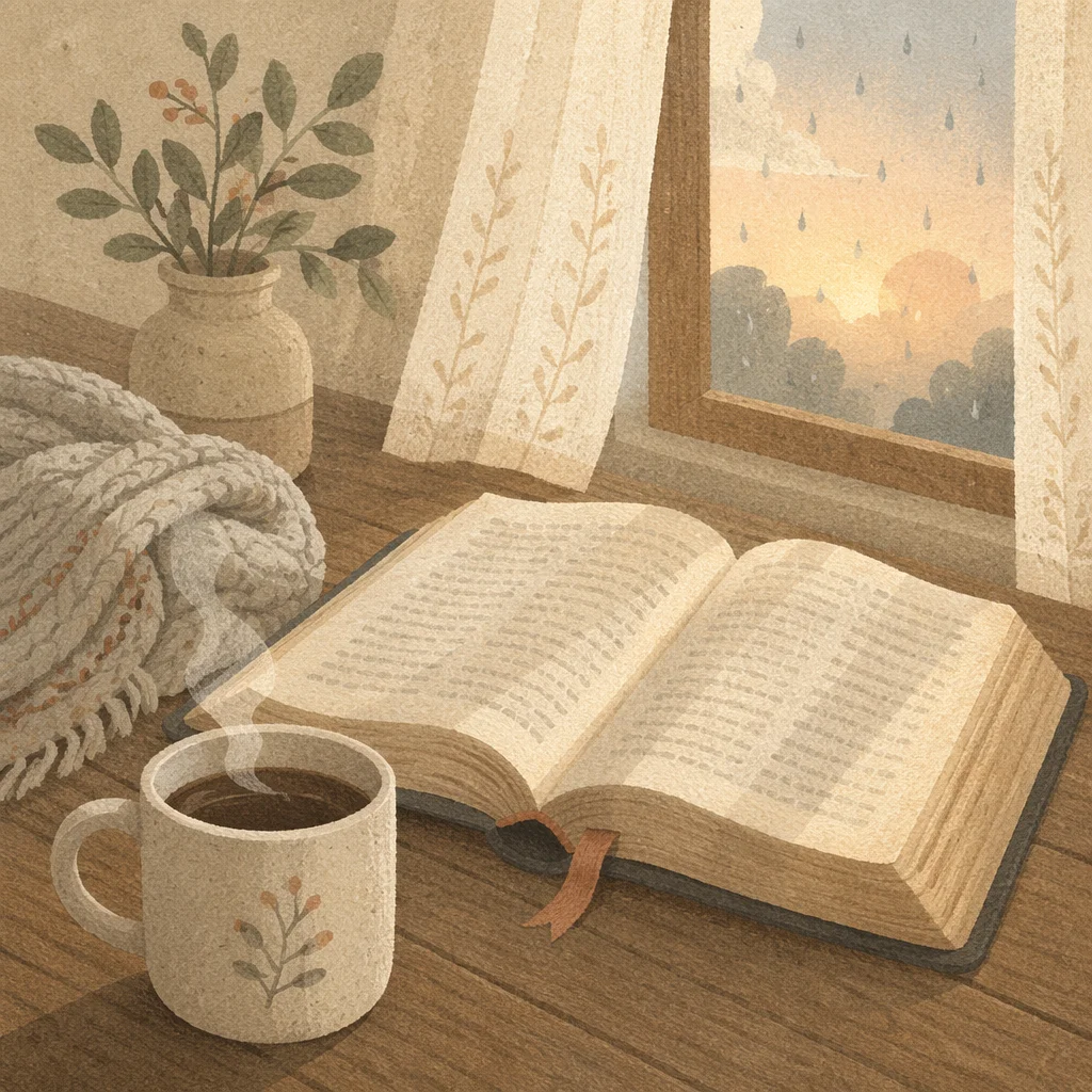 Morning Bible and Coffee by Rainy Window