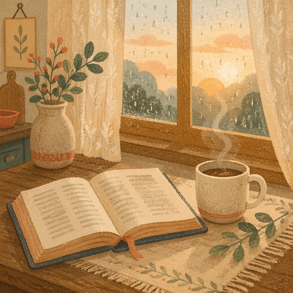 Morning Bible and Coffee by Rainy Window