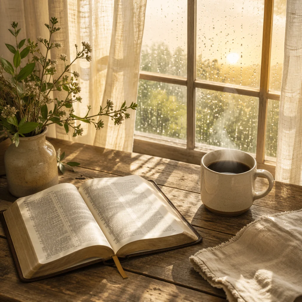 Morning Bible Devotion by Rainy Window