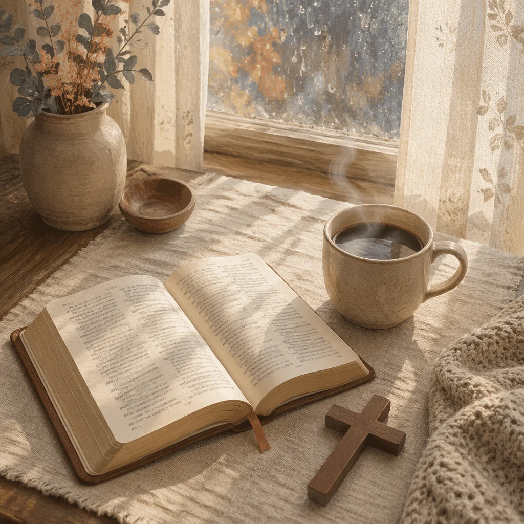 Morning Bible Devotion by Rainy Window