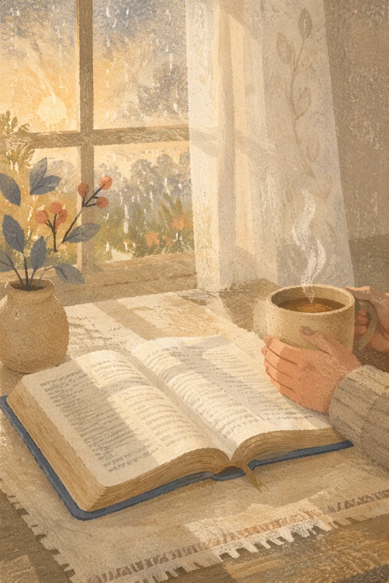 Morning Bible and Coffee by Rainy Window