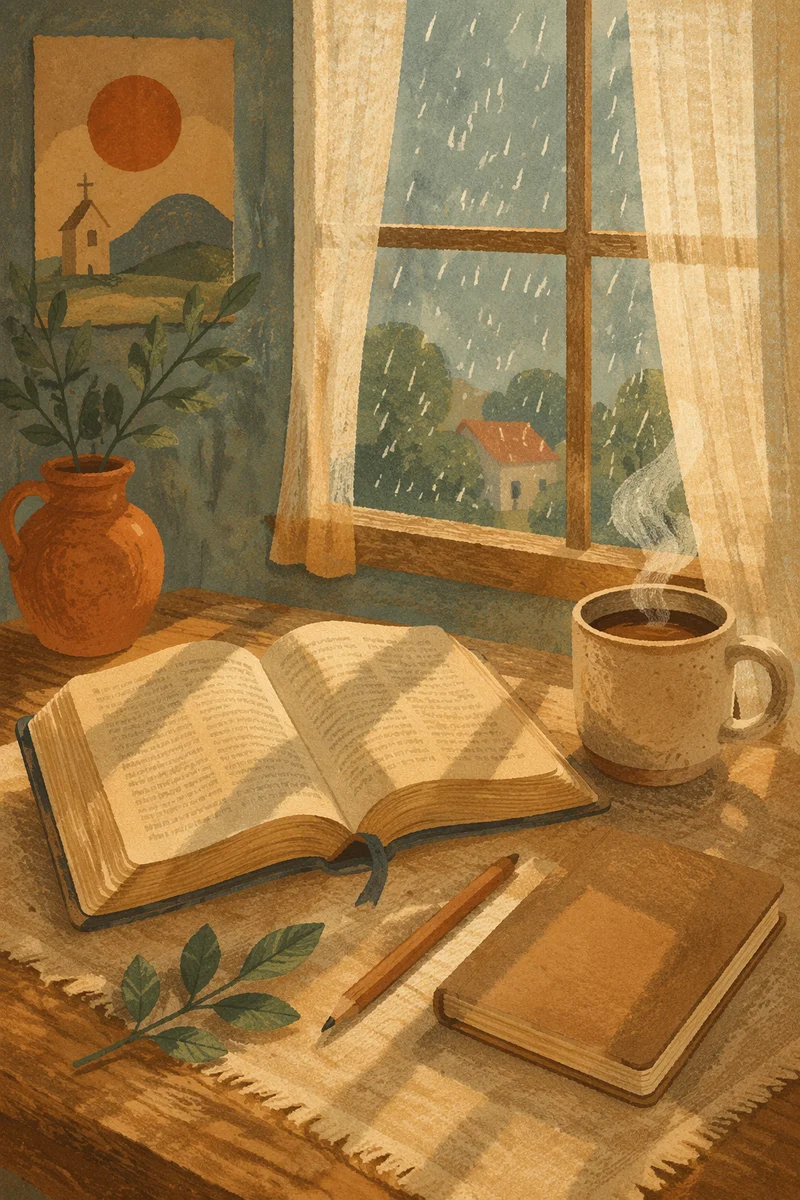 Morning Bible and Coffee by Rainy Window