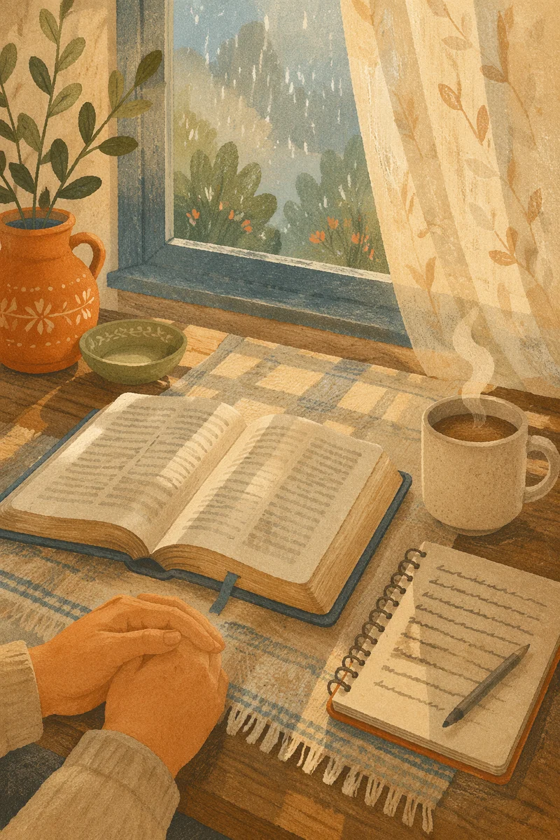 Morning Bible Devotion by Rainy Window