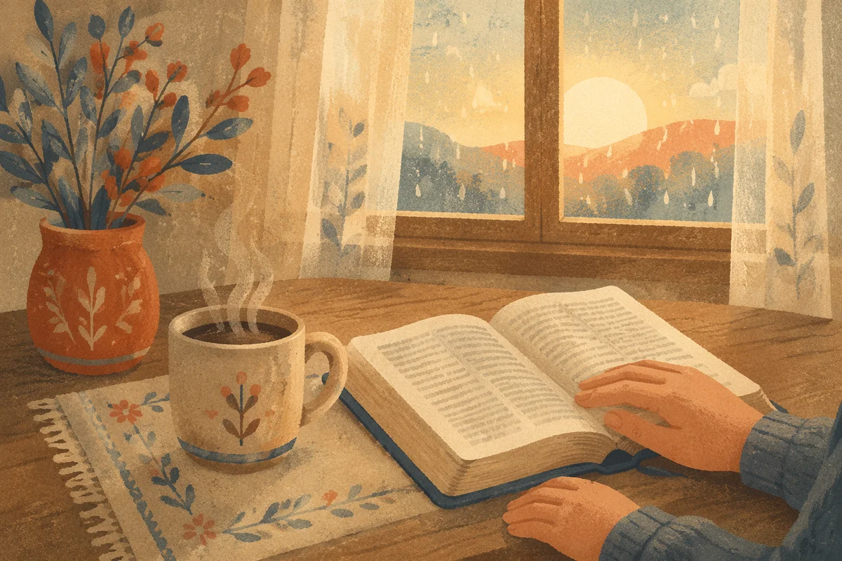 Morning Bible Devotion by Rainy Window