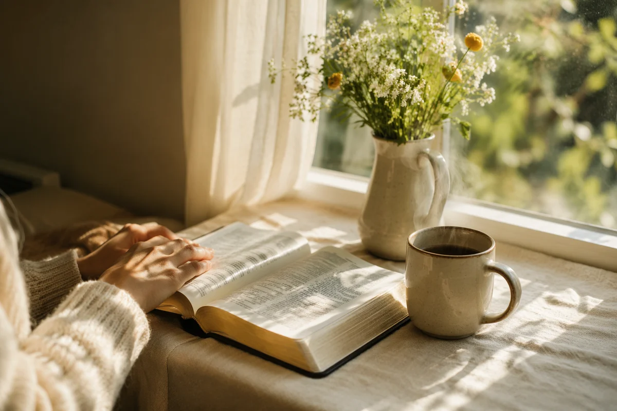 Morning Bible Reading with Coffee by Window