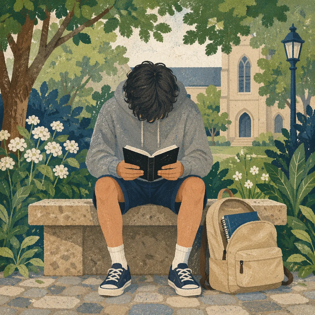 Student Reading Bible in Peaceful Campus Garden