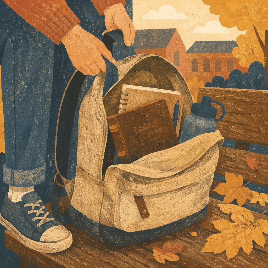 Bible in Backpack on Autumn Campus