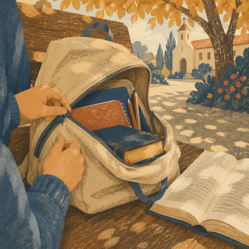 Bible in Backpack on Autumn Campus