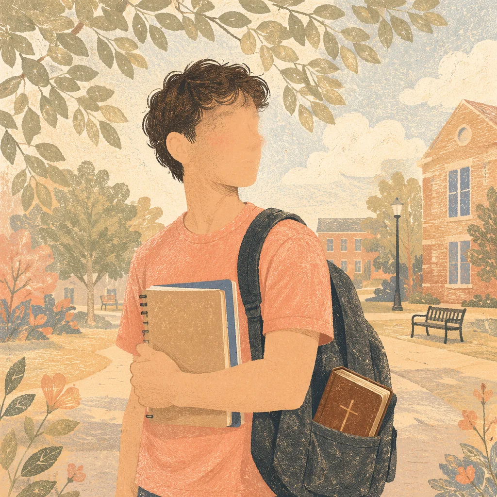 Bible Peeking from Backpack on Campus