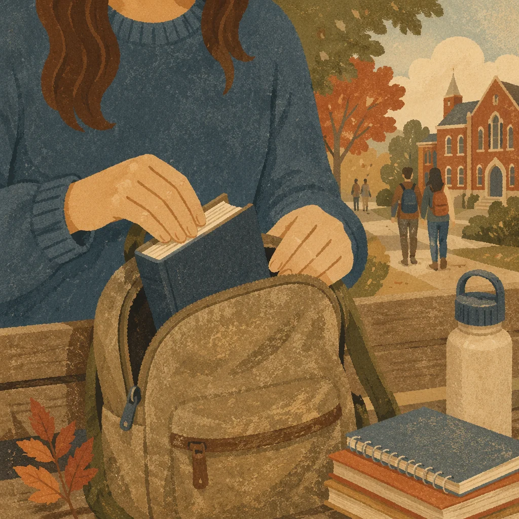 Student Tucking Bible Into Campus Backpack