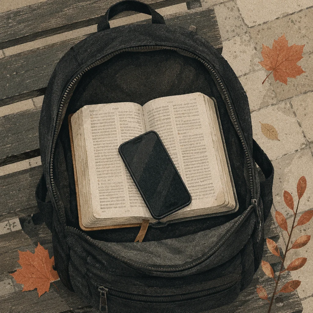 Bible in Backpack on Campus Bench