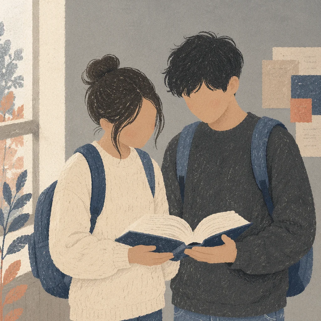 College Students Reading Bible in Campus Hallway