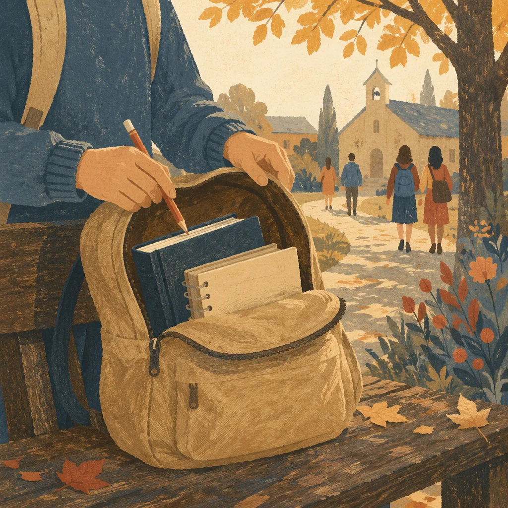 Bible in Backpack on Autumn Campus