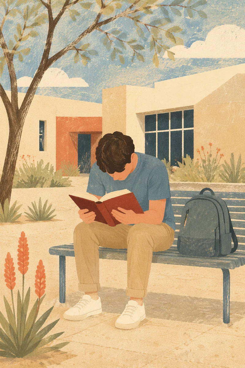 Student Reading Bible in Campus Courtyard