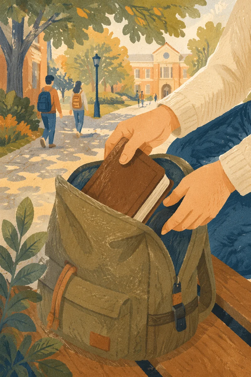 Student Packing Bible on Campus Bench