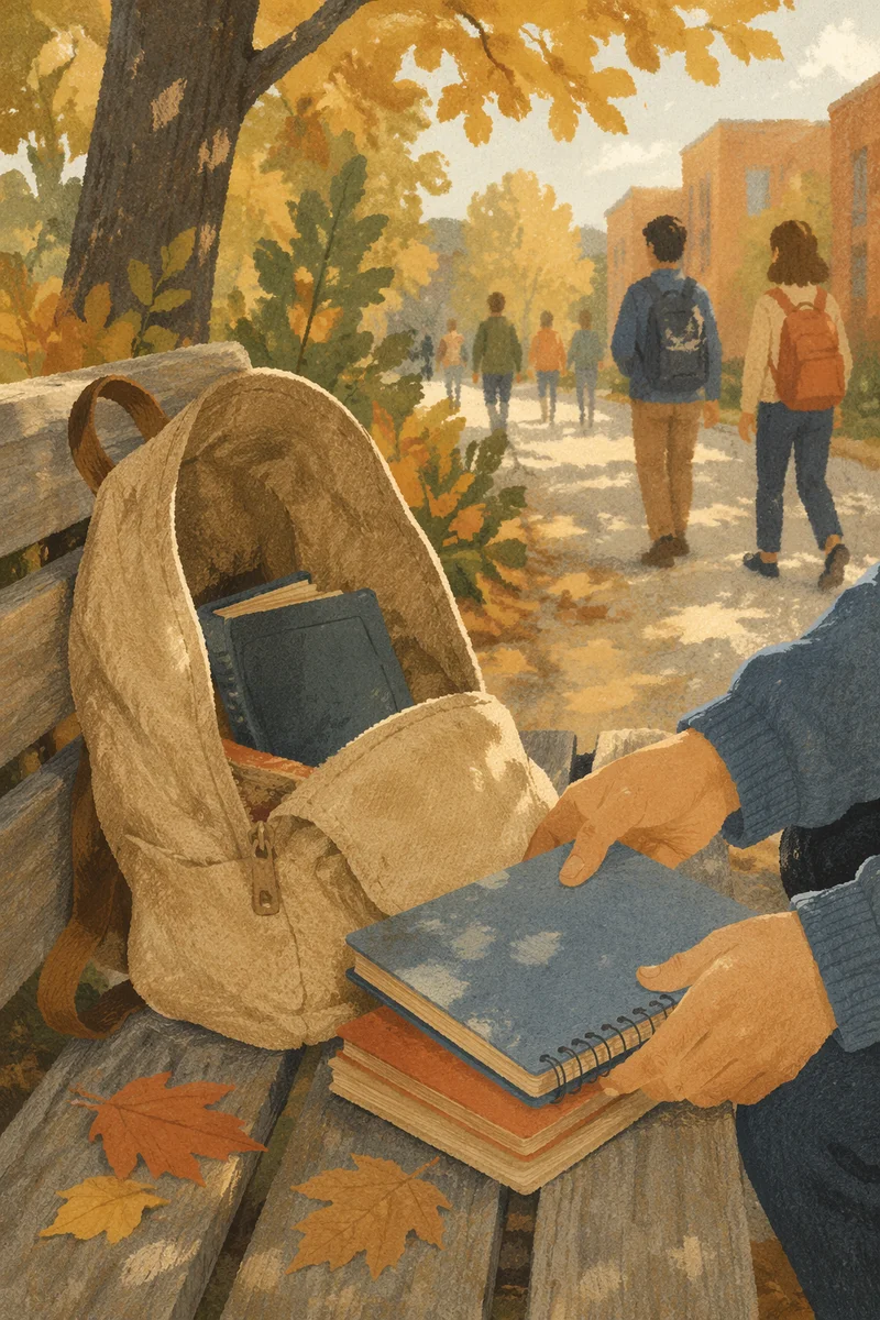 Bible in Backpack on Autumn Campus Bench