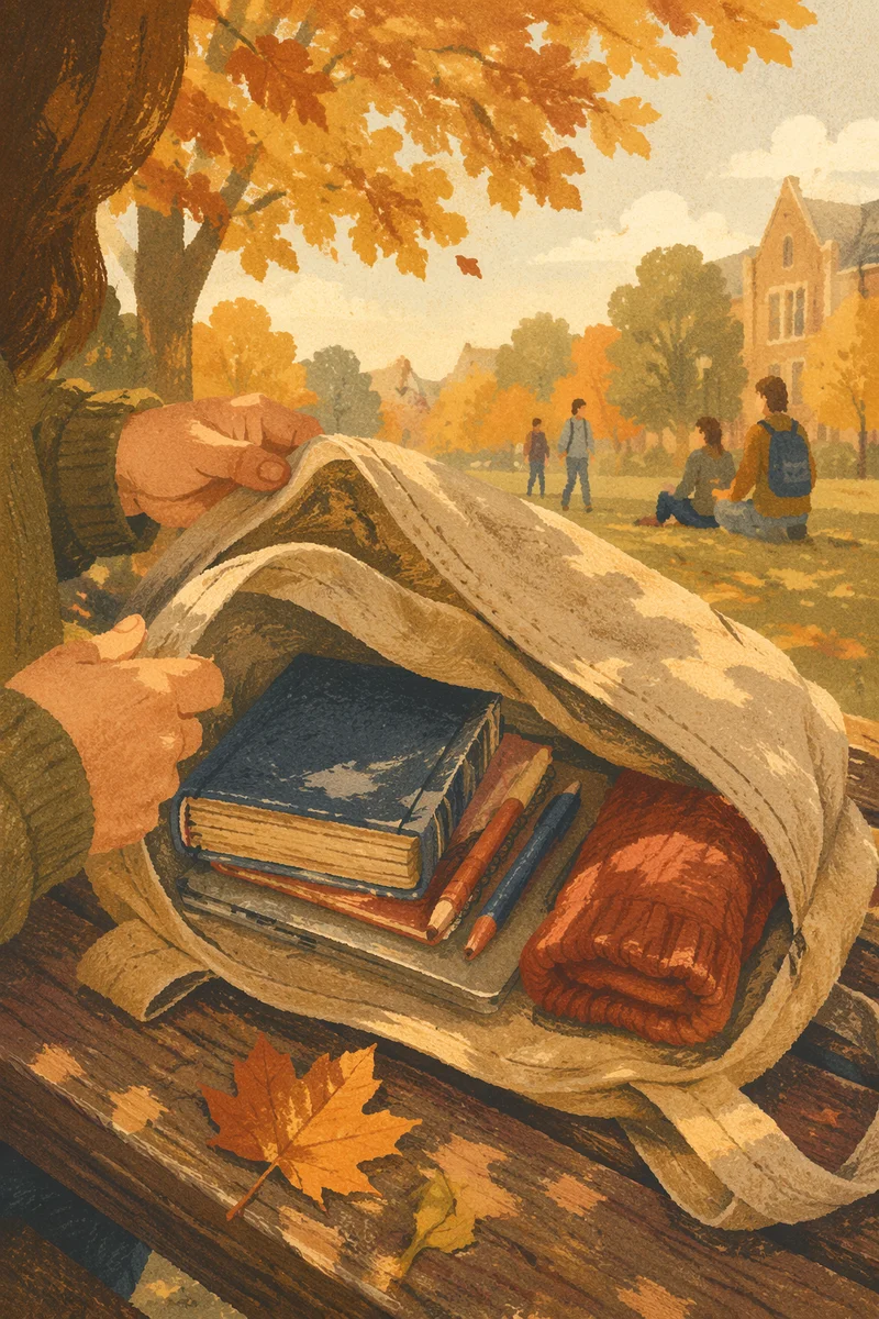 Bible in Backpack on Autumn Campus Bench