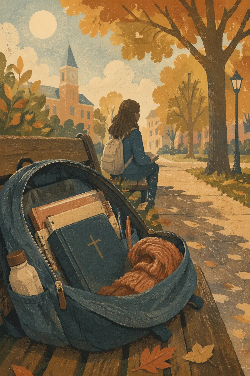 Bible in Student Backpack on Autumn Campus