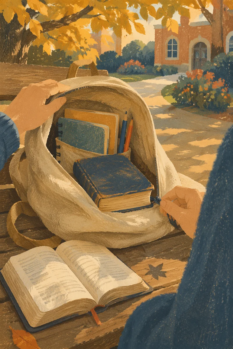 Bible in Backpack on Autumn Campus