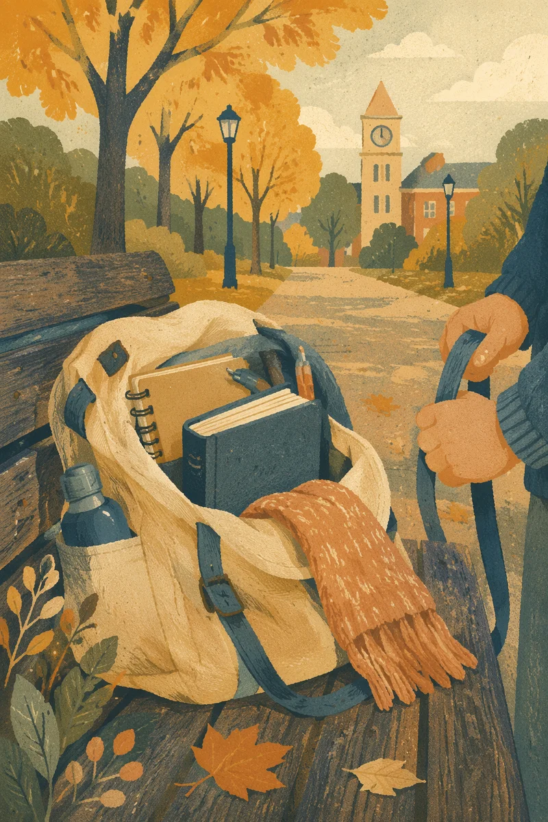 Bible in Campus Backpack on Autumn Bench