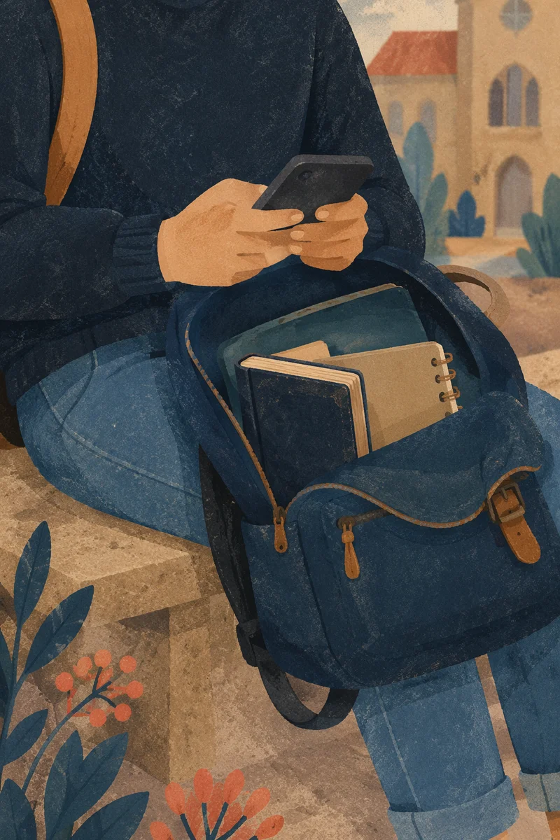 Student Backpack Bible on Campus Bench