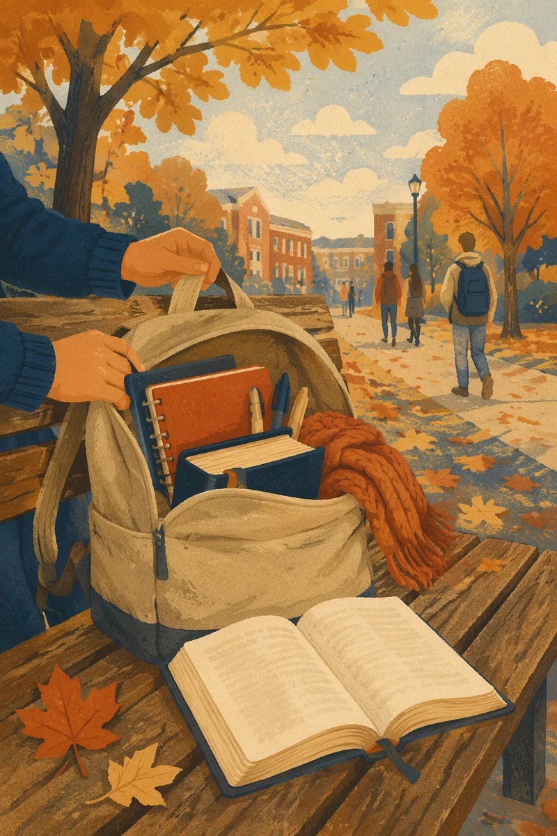 Bible in Backpack on Autumn Campus