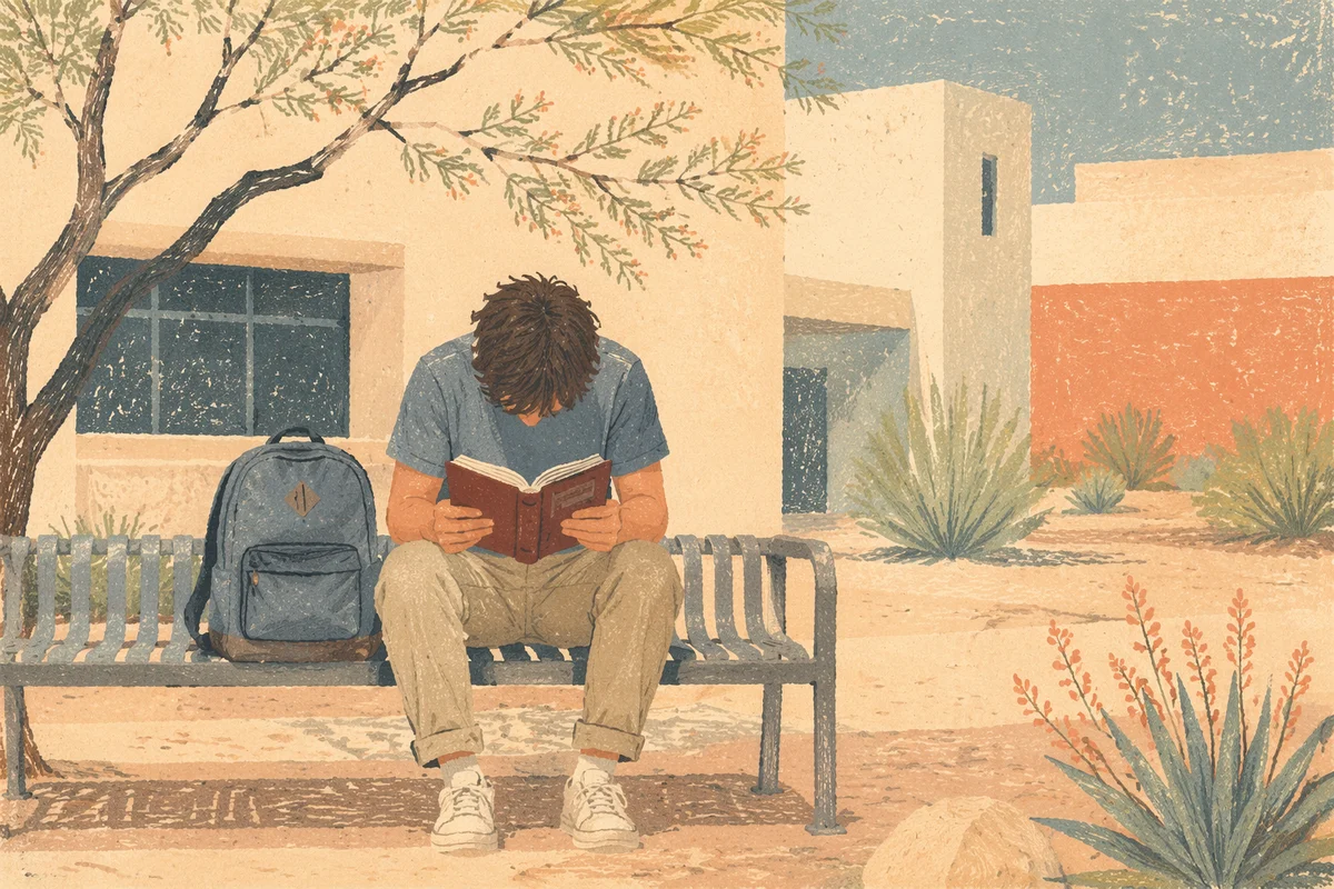 Student Reading Bible in Campus Courtyard