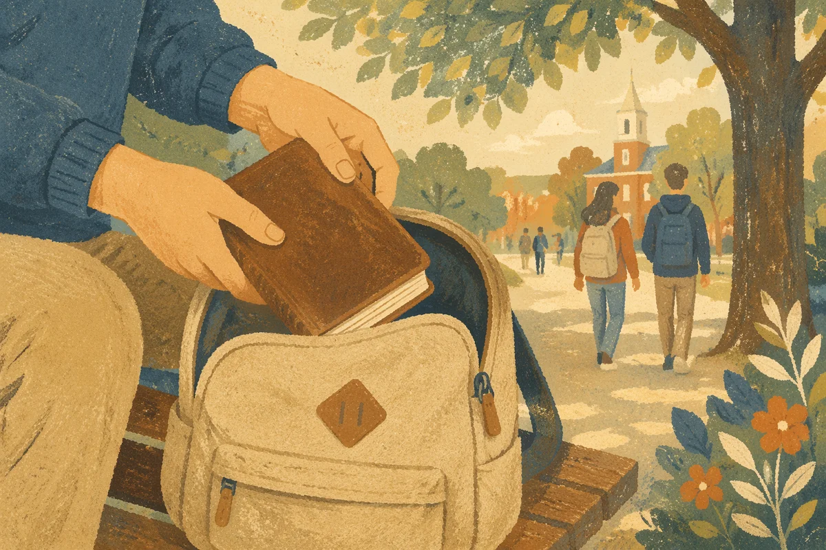 Student Packing Bible on Campus Bench