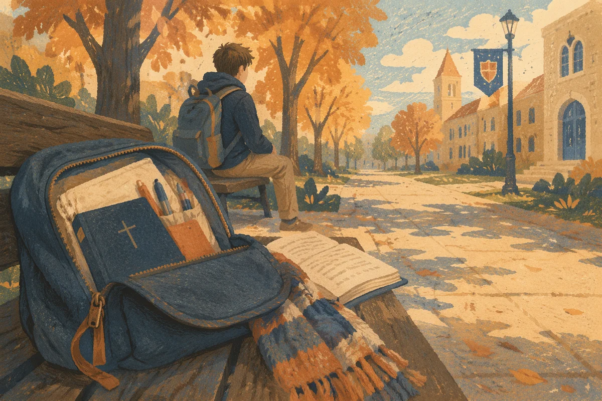 Bible in Backpack on Autumn Campus